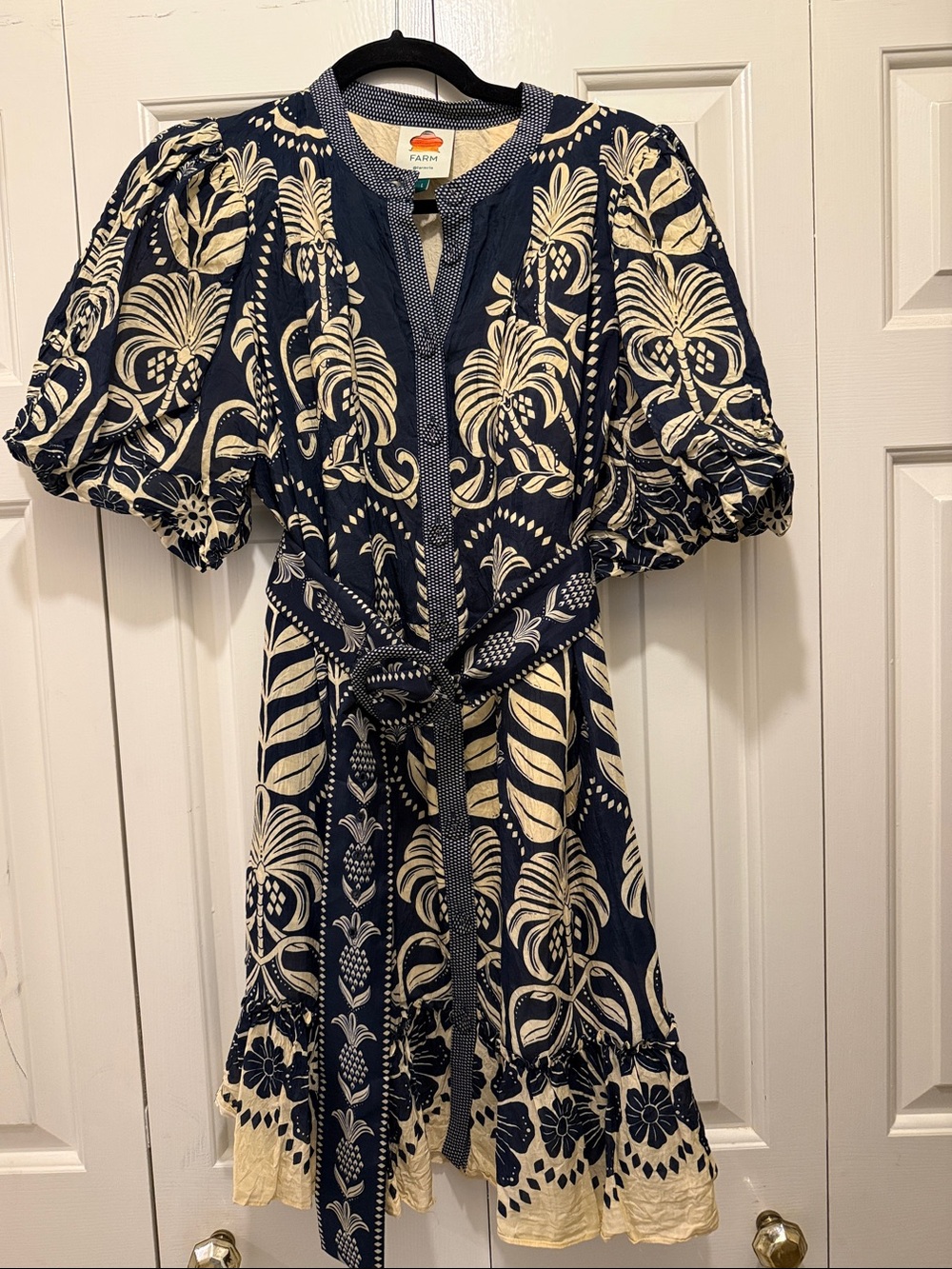 FARM Rio Navy and Cream Botanical Puff-Sleeve Mini Dress